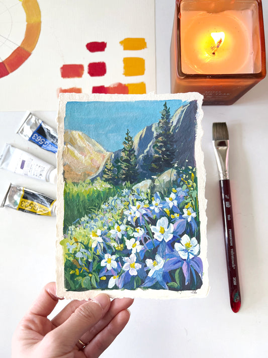 Blue Columbine Flowers – Colorado Mountain Landscape Painting (6×8”)