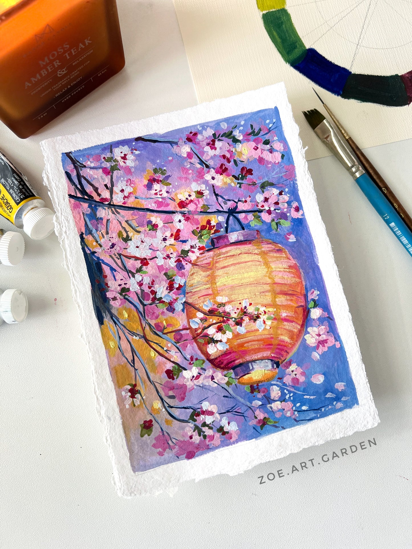 Cherry Blossom & Lanterns – Soft Spring Glow Painting- 5x7"
