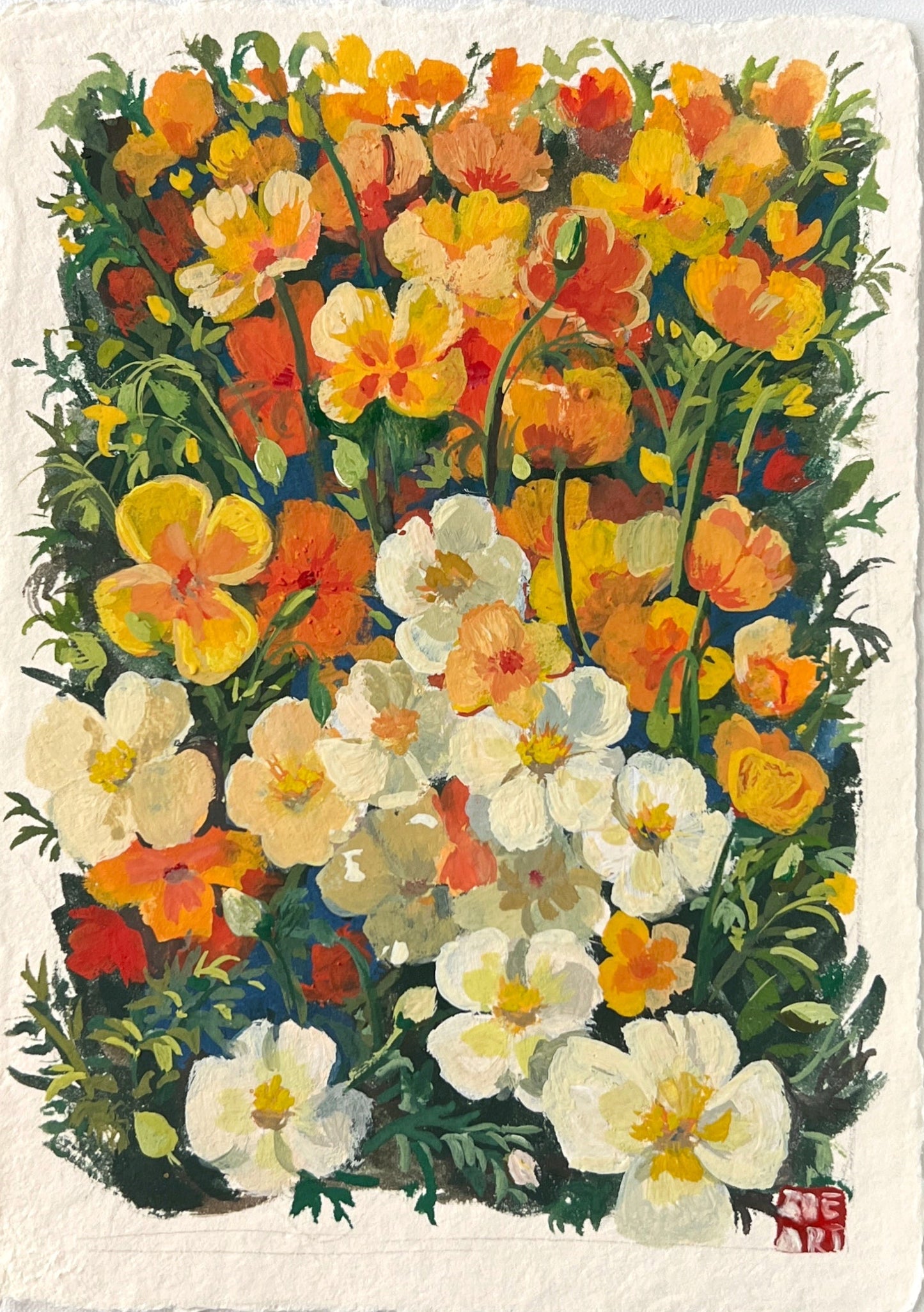 Floral painting with a brush and color palette on a white surface, featuring the artist's signature 'Zoe.Art.Garden'.