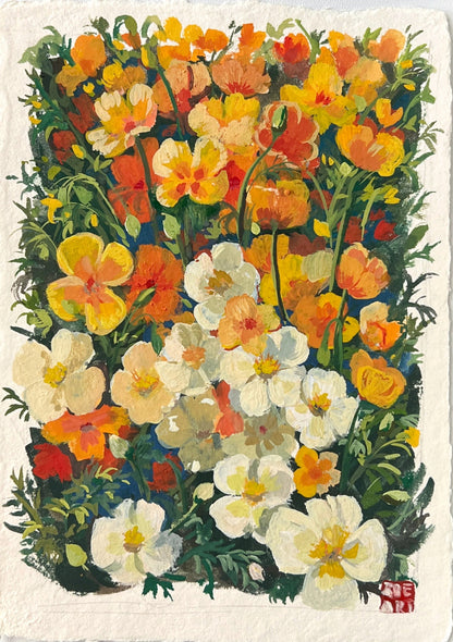 Floral painting with a brush and color palette on a white surface, featuring the artist's signature 'Zoe.Art.Garden'.