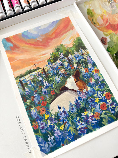 Cute Cow in Bluebonnet Field – Texas Sunset Artwork- 7x10"