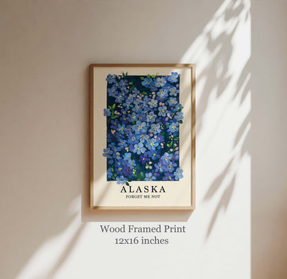 Forget-Me-Not Wall Art | Alaska State Flower Gouache Art Print | Blue Botanical Print