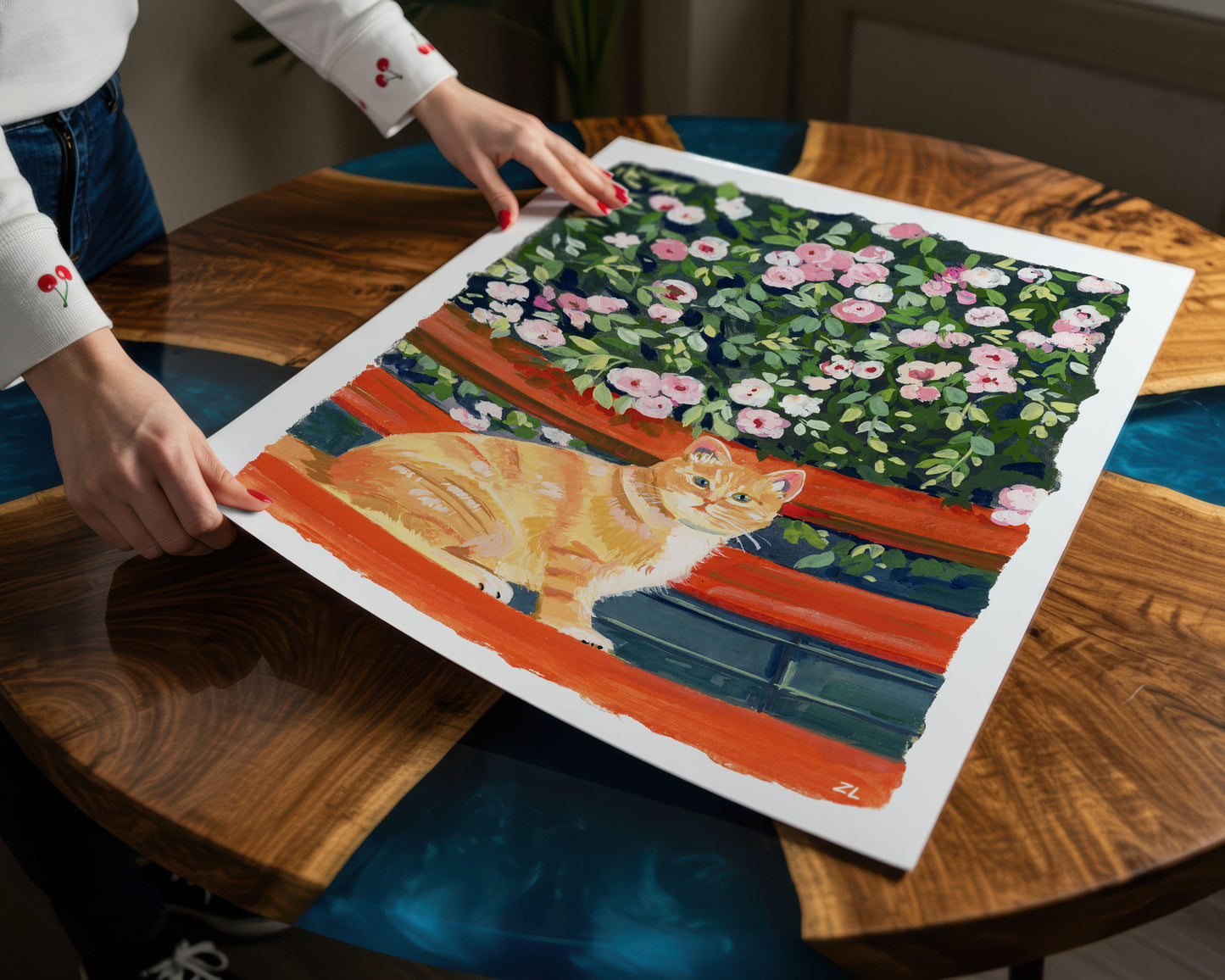 Cute Cat and Rose - Cat Illustration Print by Zoe Art Garden