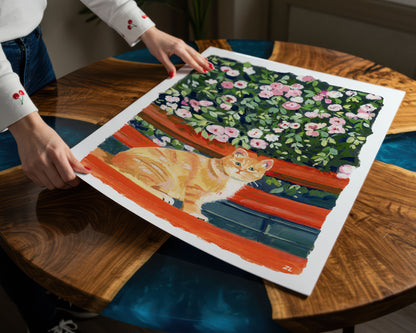 Cute Cat and Rose - Cat Illustration Print by Zoe Art Garden
