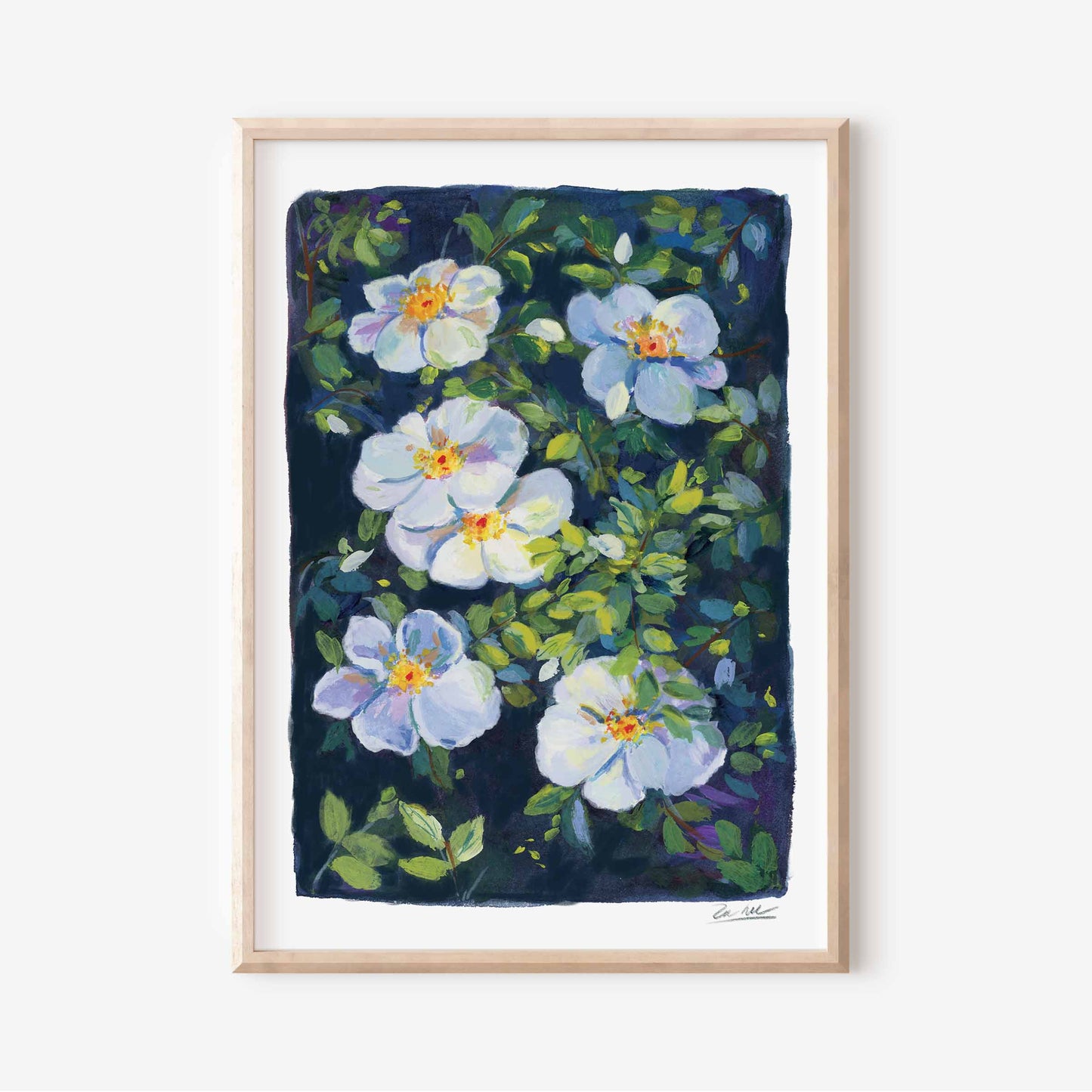 Framed artwork of blue and white flowers on a dark background