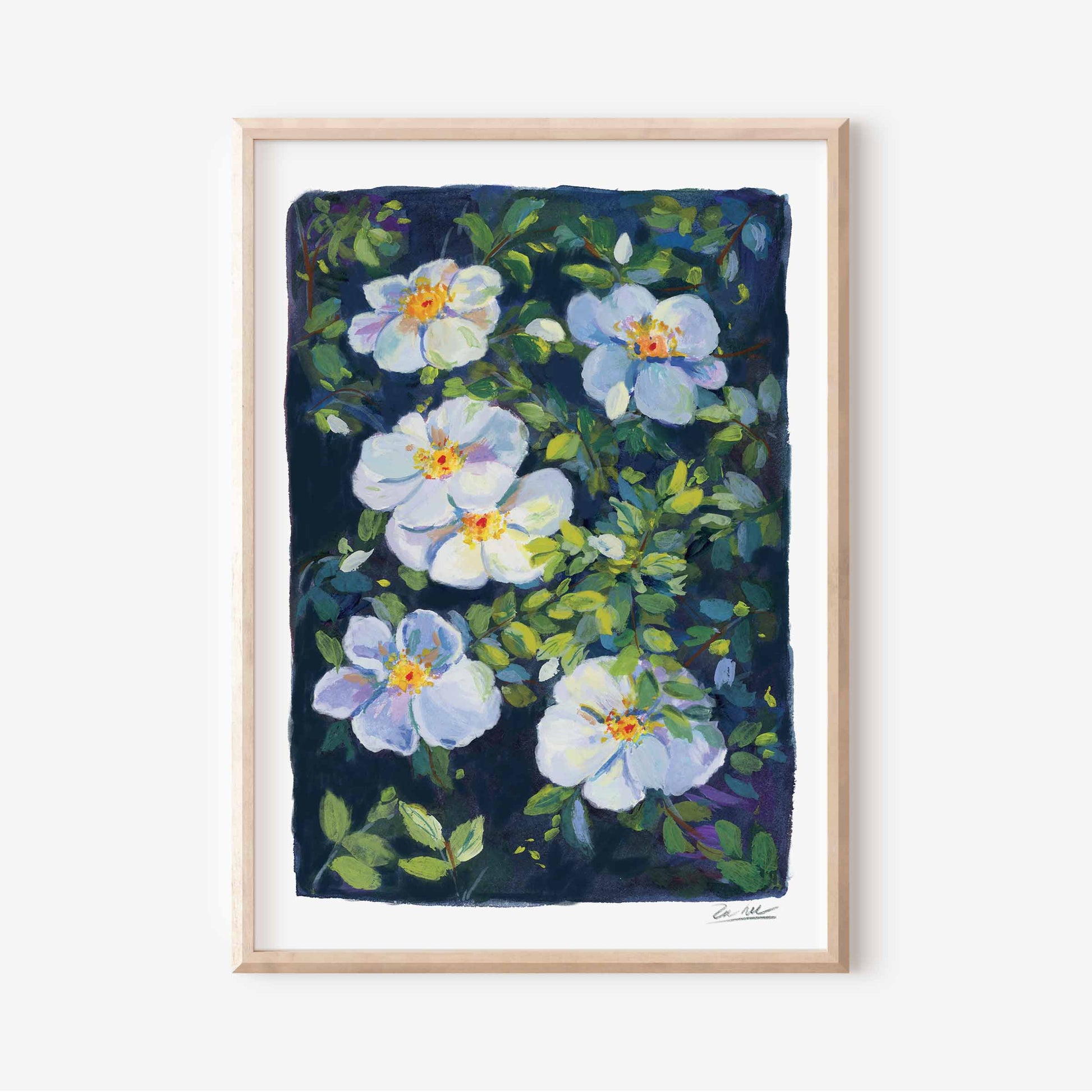 Framed artwork of blue and white flowers on a dark background