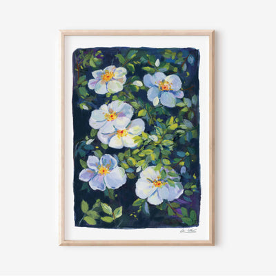Framed artwork of blue and white flowers on a dark background