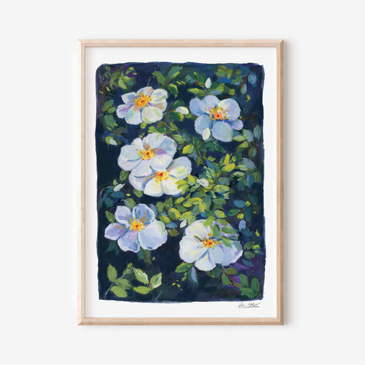 Framed artwork of blue and white flowers on a dark background