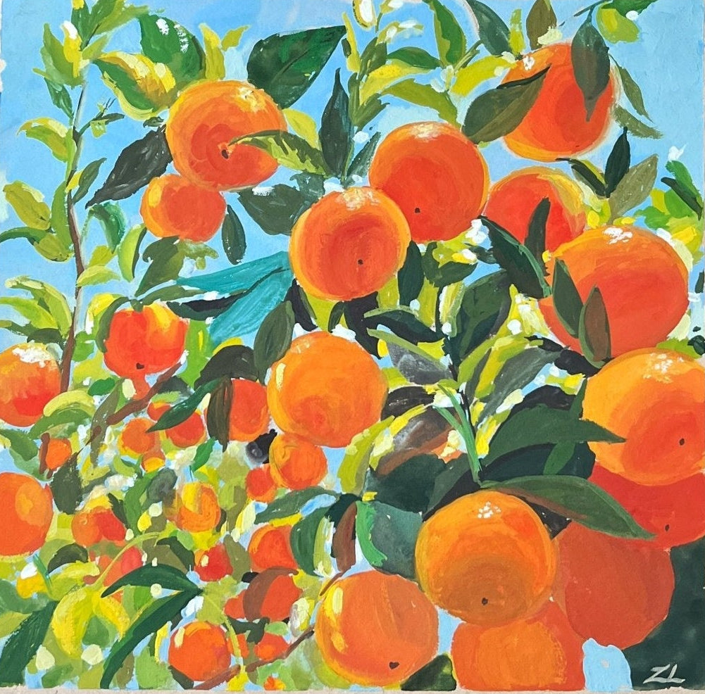 Original gouache painting titled Lucky Clementines, featuring a vibrant depiction of orange clementines on a tree with green leaves, signed by artist Zoe Lee.