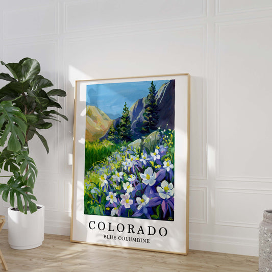 Colorado State Flower Art Print – Blue Columbine Mountain Landscape