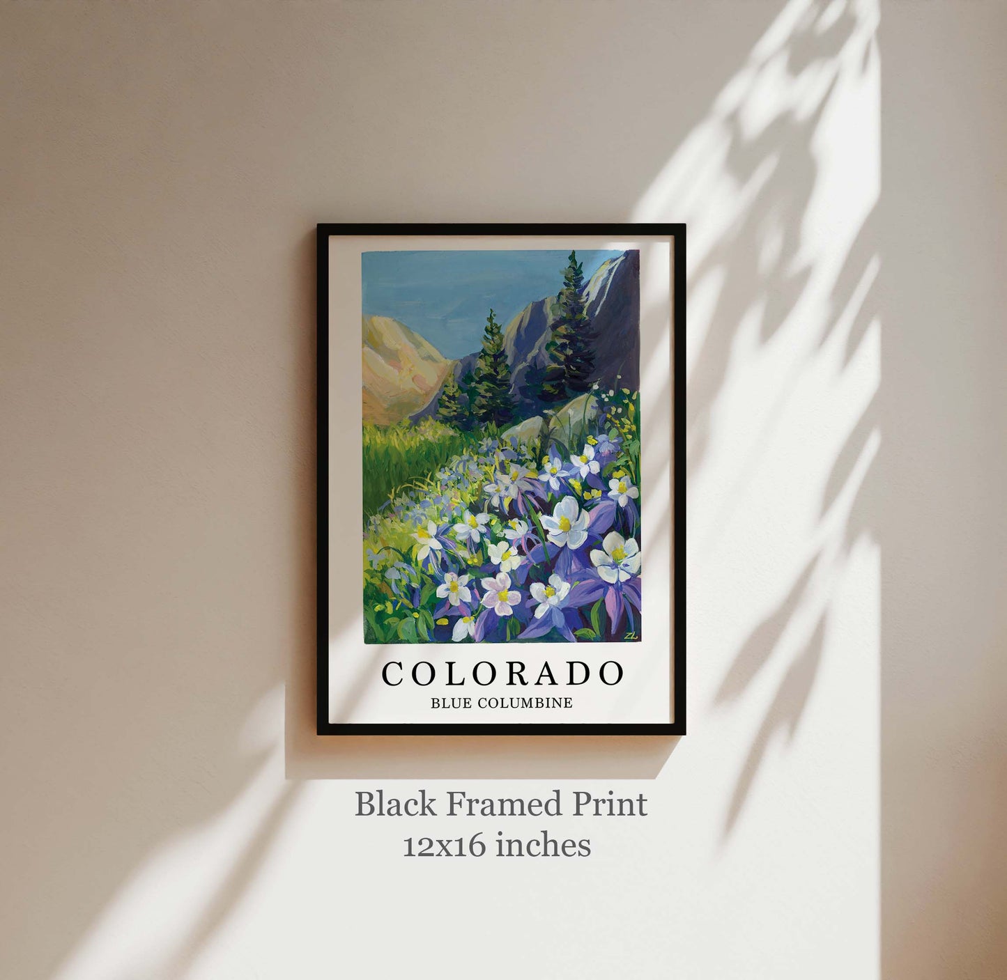 Colorado State Flower Art Print – Blue Columbine Mountain Landscape