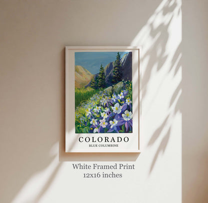 Colorado State Flower Art Print – Blue Columbine Mountain Landscape
