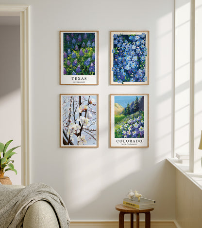 Colorado State Flower Art Print – Blue Columbine Mountain Landscape