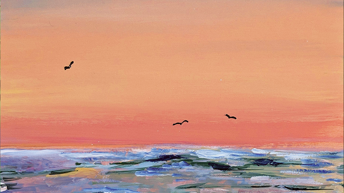 Painting of a beach scene with coral-colored sky and ocean waves, featuring the color '#e48c71'.