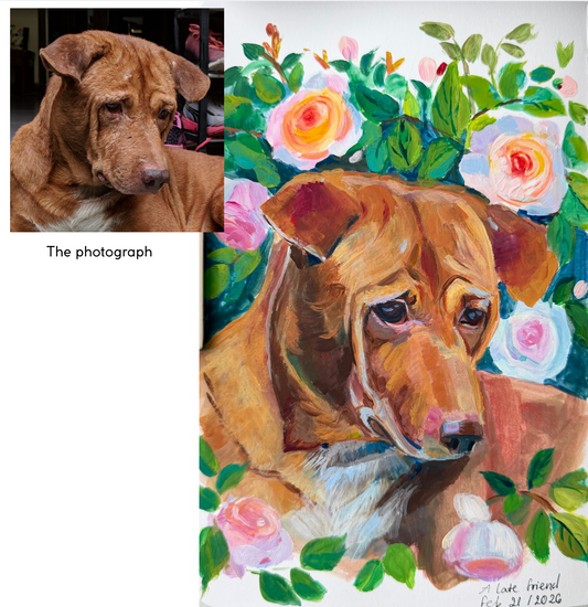 Dog's photograph on the left with a painted version of the same dog on the right, surrounded by flowers.