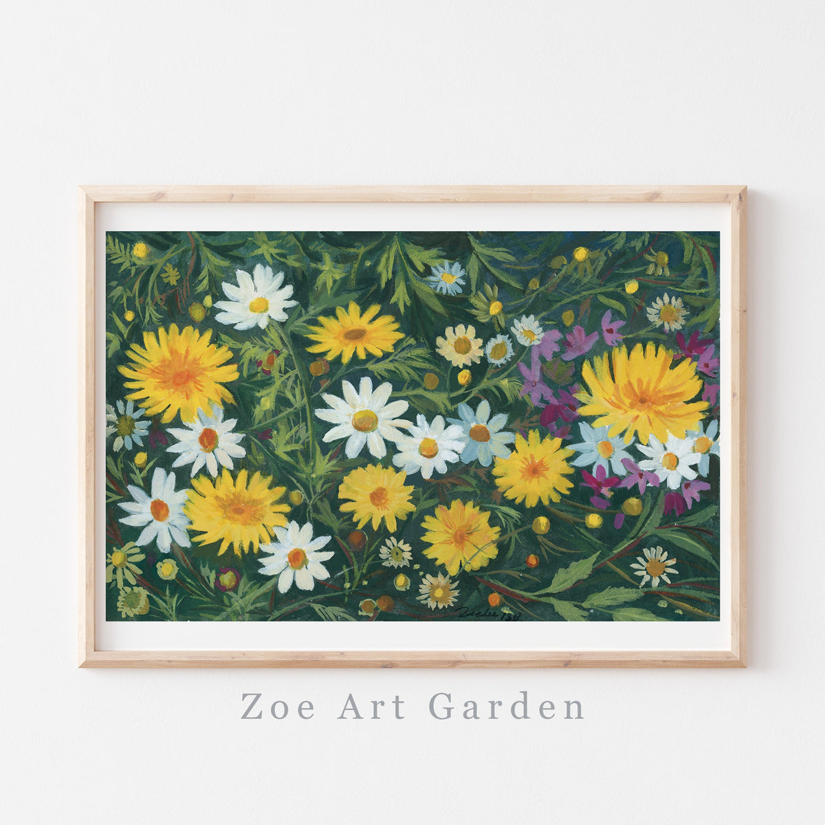 A framed floral art print featuring yellow dandelions, white daisies, and purple wildflowers on a dark green background, housed in a light natural wood frame and displayed on a white wall. The text 'Zoe Art Garden' is printed below the frame.