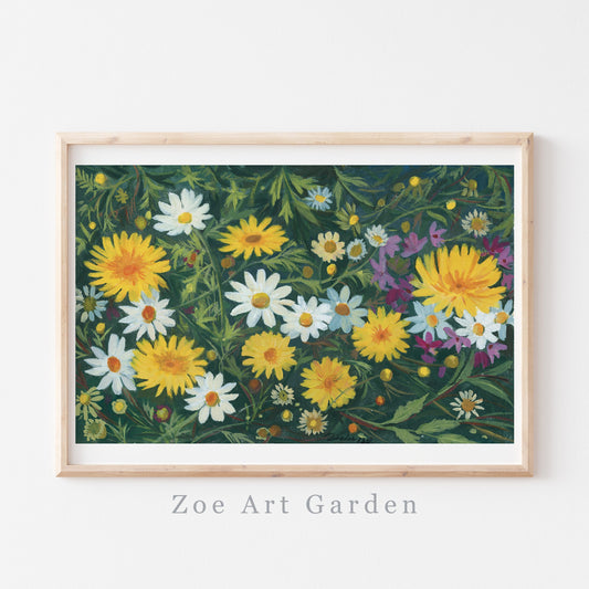 A framed floral art print featuring yellow dandelions, white daisies, and purple wildflowers on a dark green background, housed in a light natural wood frame and displayed on a white wall. The text 'Zoe Art Garden' is printed below the frame.