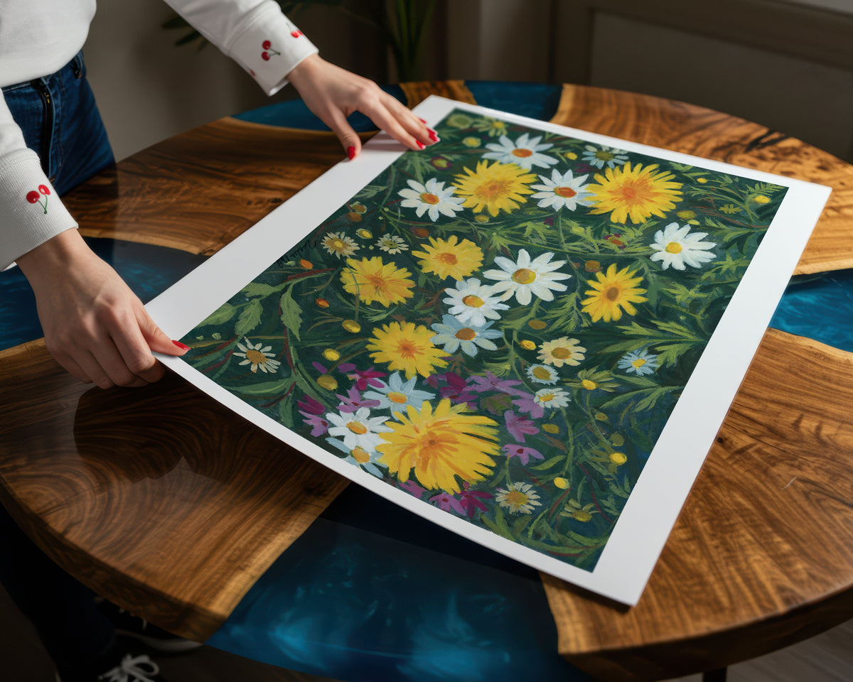 A person holds a large framed floral art print featuring yellow, white, and purple wildflowers on a dark green background, displayed on a polished wooden table.