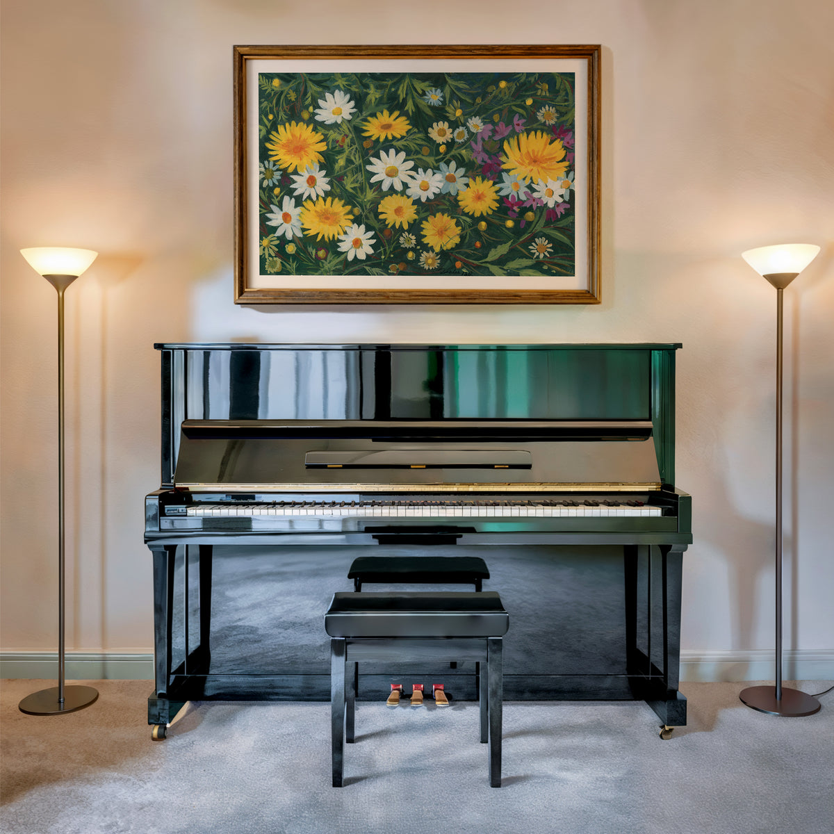 A glossy black upright piano with a matching bench, set in a room with two floor lamps and a framed floral painting on the wall above it.