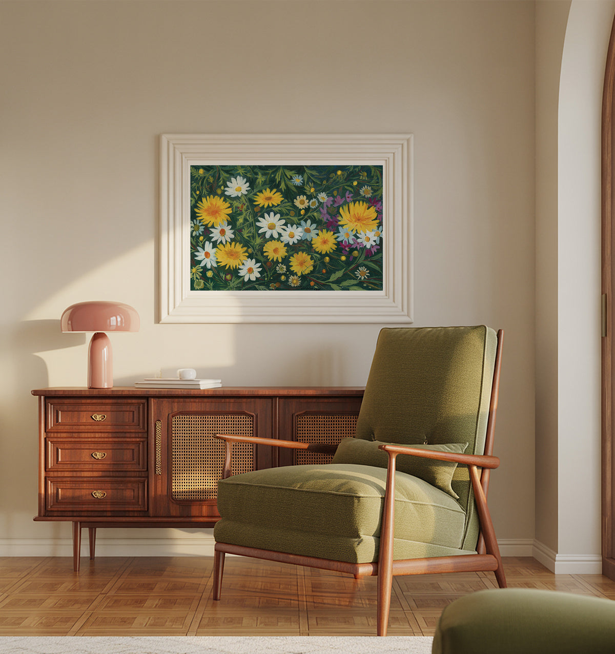 A framed floral painting hangs on a beige wall above a mid-century modern wooden credenza and olive green armchair. The painting features yellow daisies, white flowers, and purple blossoms on a dark green background.