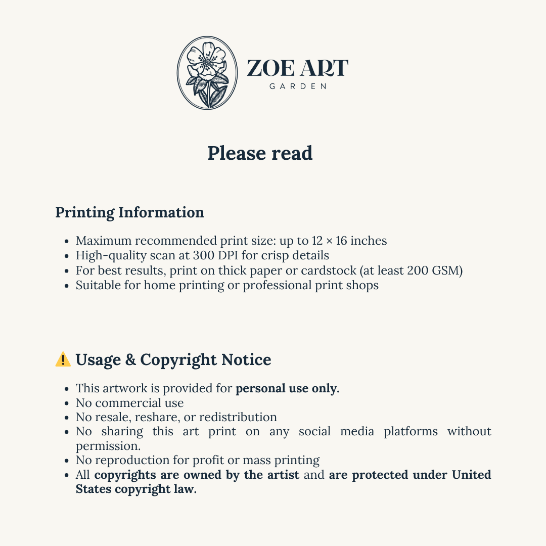 Printing information and usage notice for Zoe Art Garden on a white background