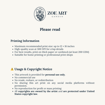 Printing information and usage notice for Zoe Art Garden on a white background