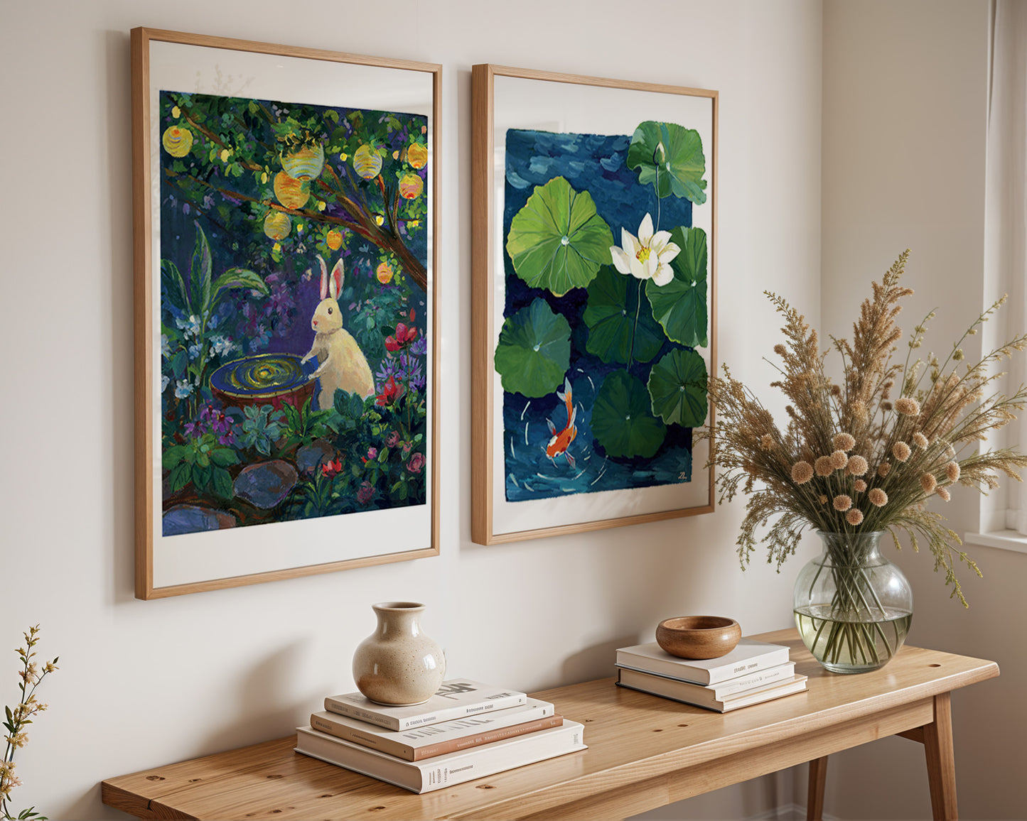 Zen Series (No.1)- Lotus pond and Koi fish- Gouache Art Print