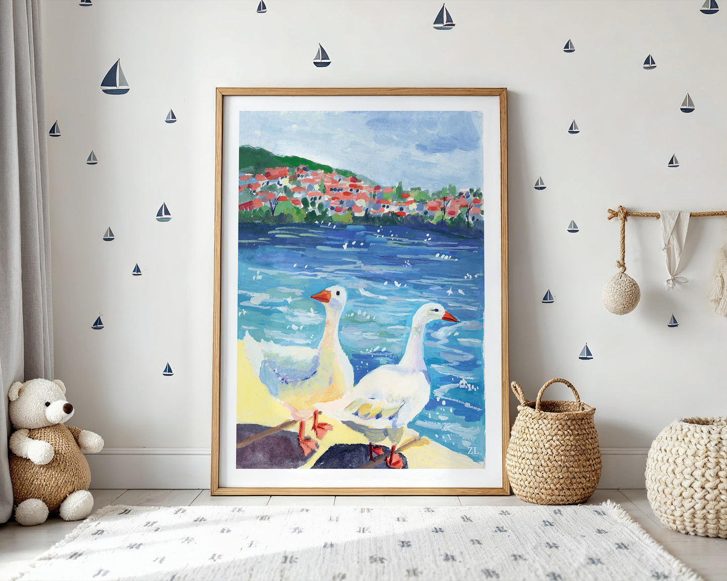 Ducks in a sunny day- Gouache painting- Animal art print