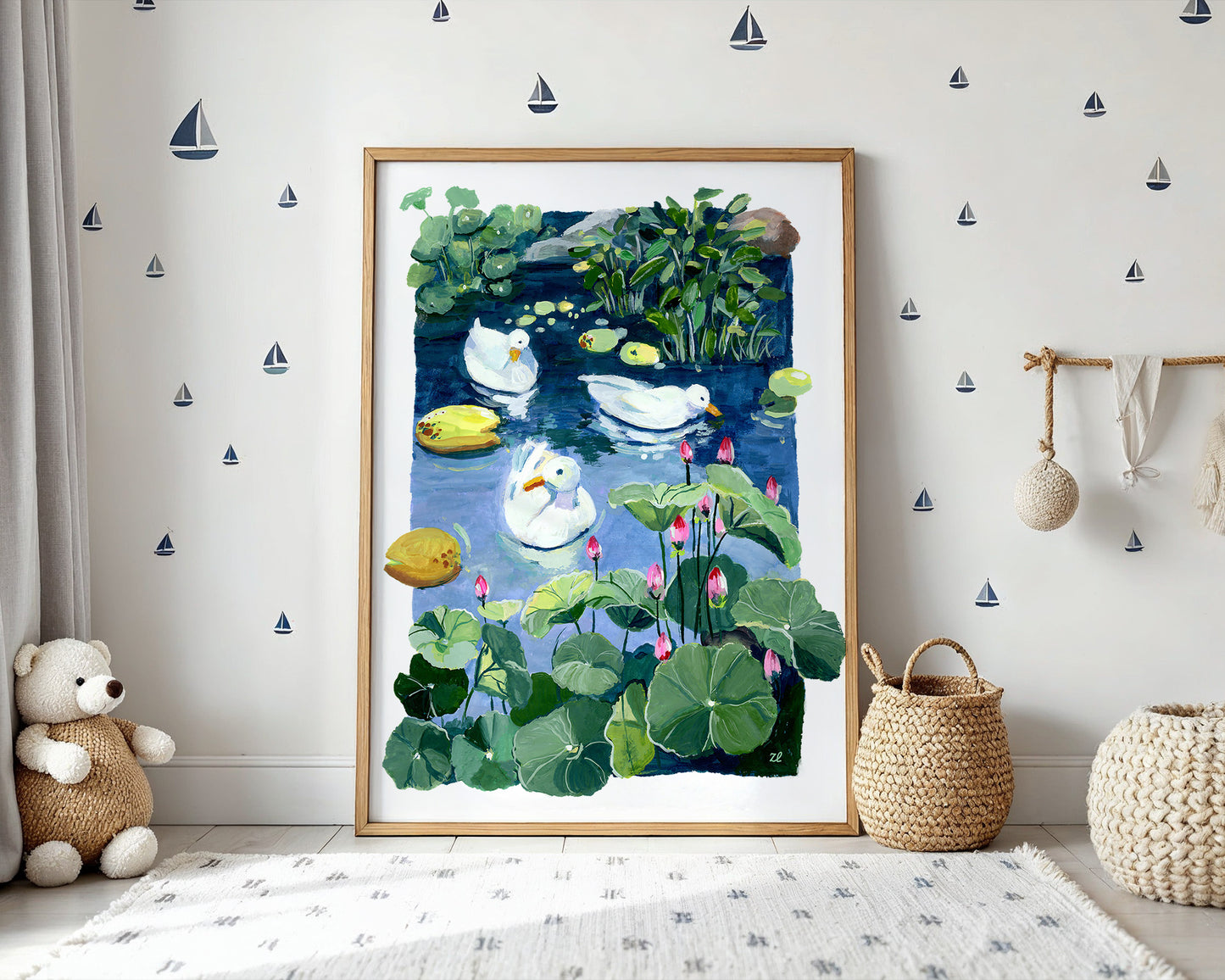Ducks and Lotus Flower- Gouache painting- Animal art print