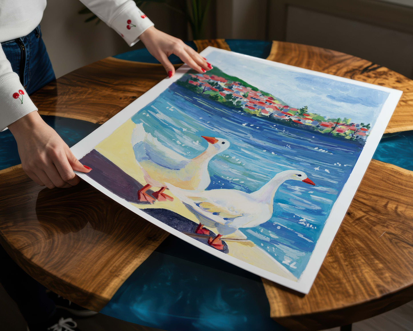 Ducks in a sunny day- Gouache painting- Animal art print