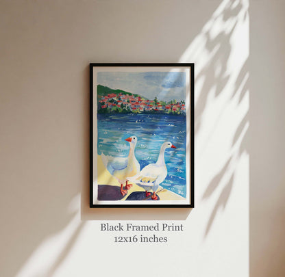 Ducks in a sunny day- Gouache painting- Animal art print
