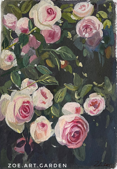 Floral painting on a dark background with 'Zoe.Art.Garden' branding, surrounded by art supplies.