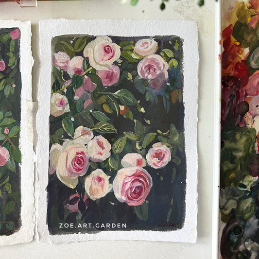 Floral painting on a dark background with 'Zoe.Art.Garden' branding, surrounded by art supplies.