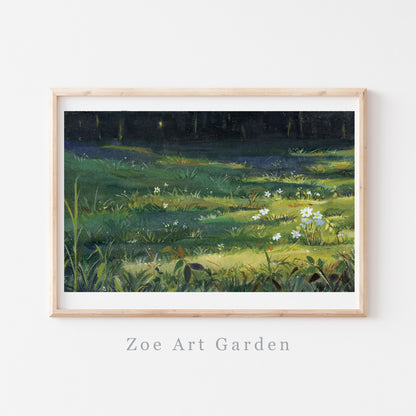 A framed landscape art print depicting a sunlit green meadow with wildflowers under a dark forest canopy, displayed on a white wall with the text 'Zoe Art Garden' below the frame.