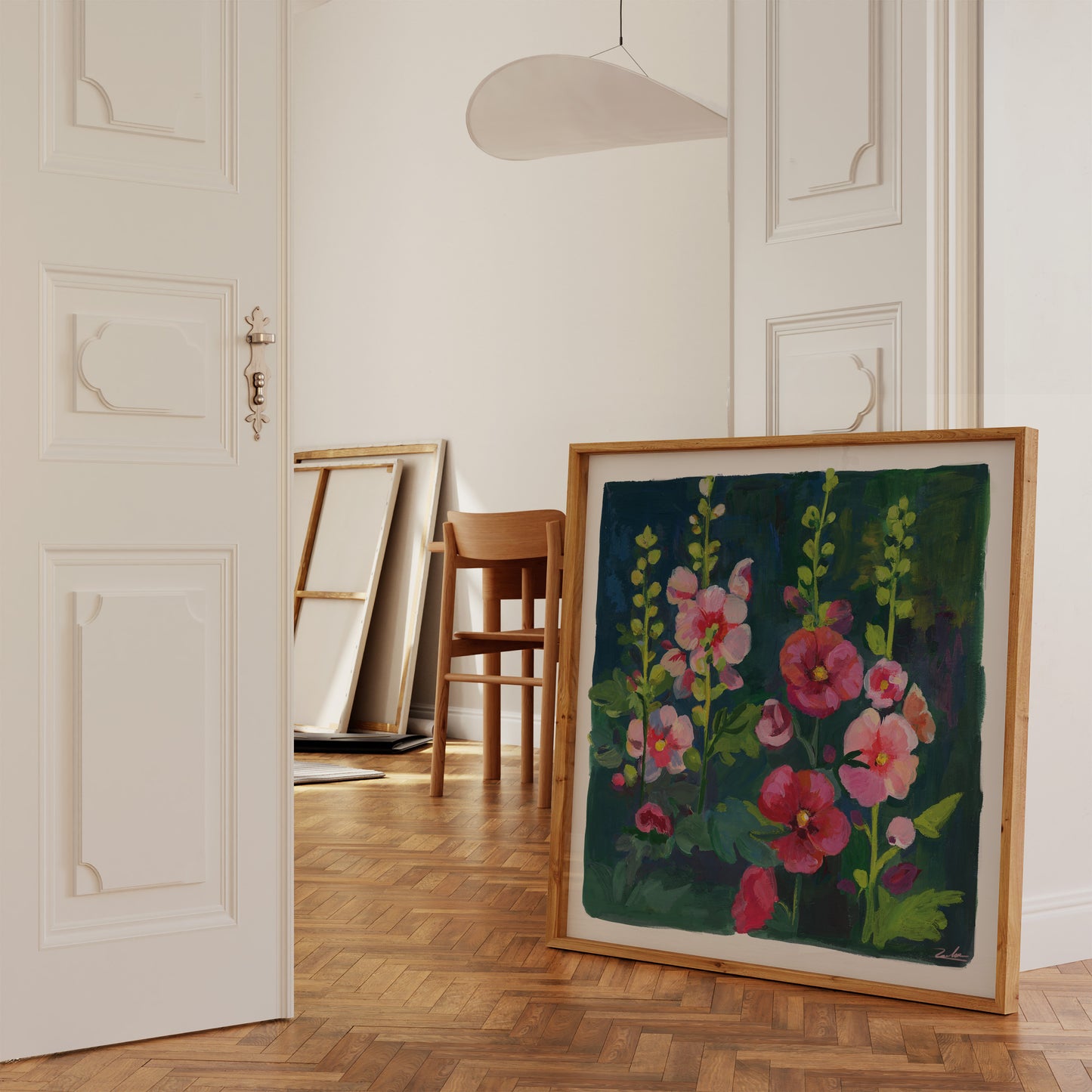 Hollyhock Flower Art Print - Gouache Floral Painting