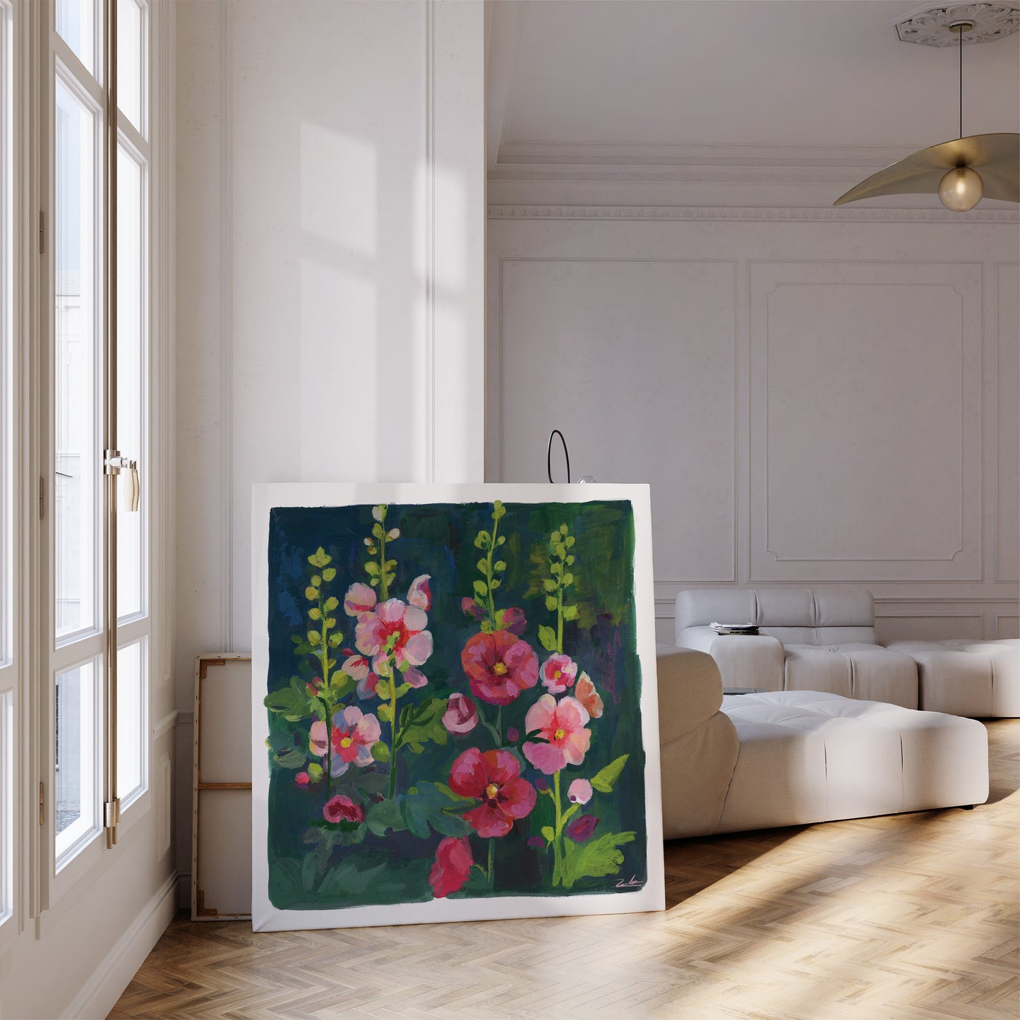 Hollyhock Flower Art Print - Gouache Floral Painting