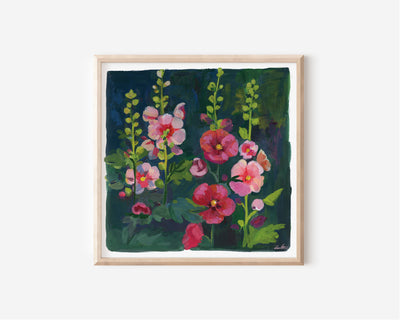 Hollyhock Flower Art Print - Gouache Floral Painting