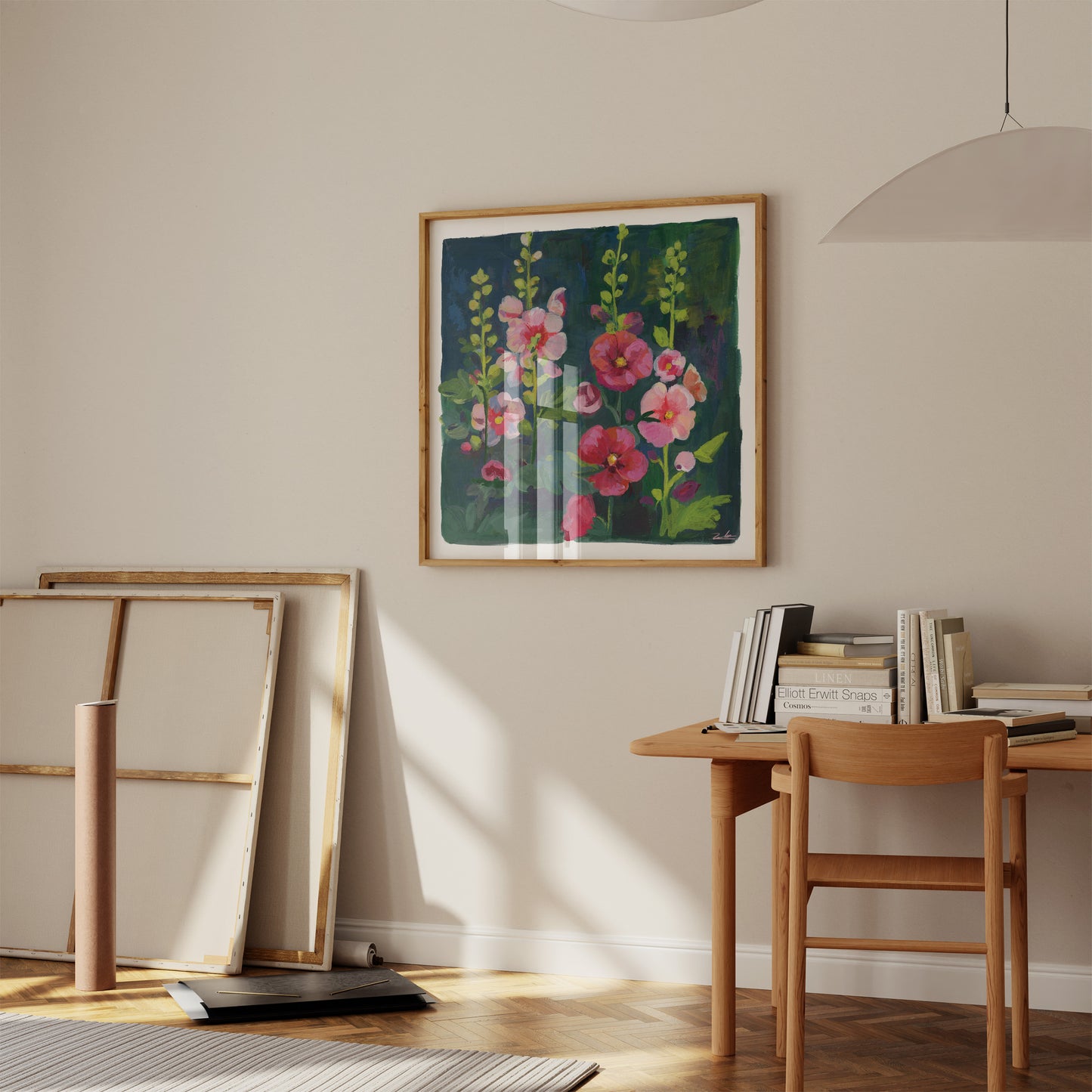 Hollyhock Flower Art Print - Gouache Floral Painting