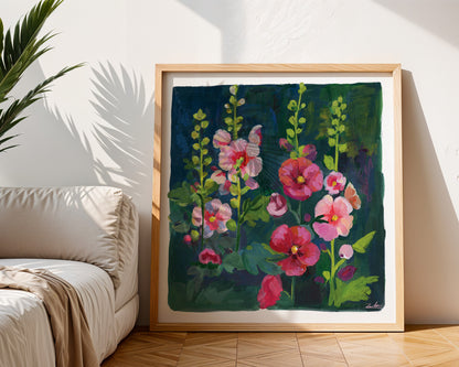 Hollyhock Flower Art Print - Gouache Floral Painting