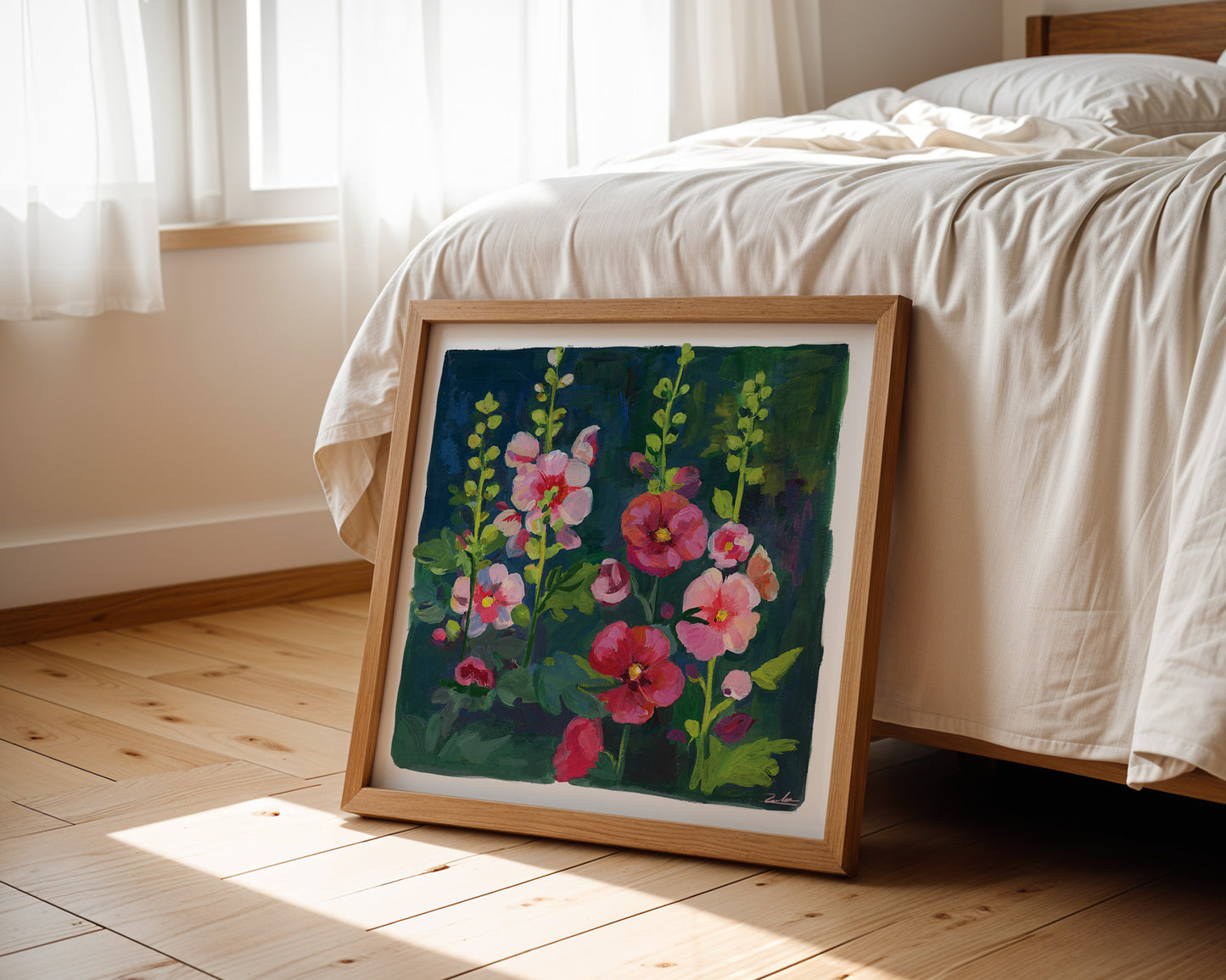 Hollyhock Flower Art Print - Gouache Floral Painting