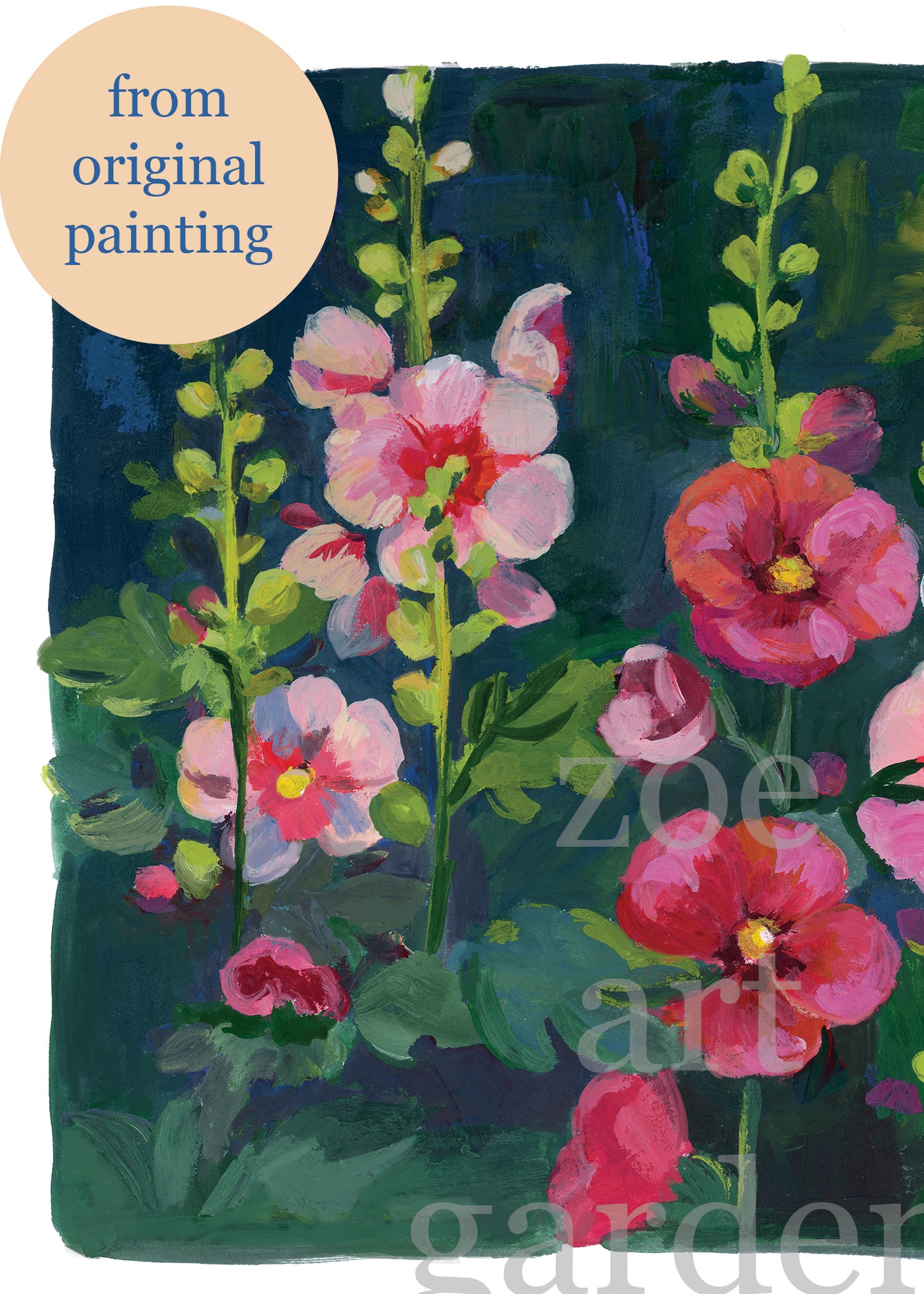 Hollyhock Flower Art Print - Gouache Floral Painting
