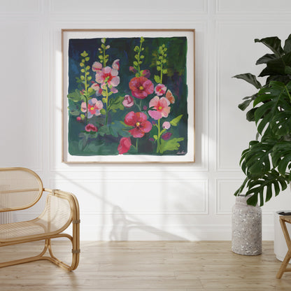 Hollyhock Flower Art Print - Gouache Floral Painting