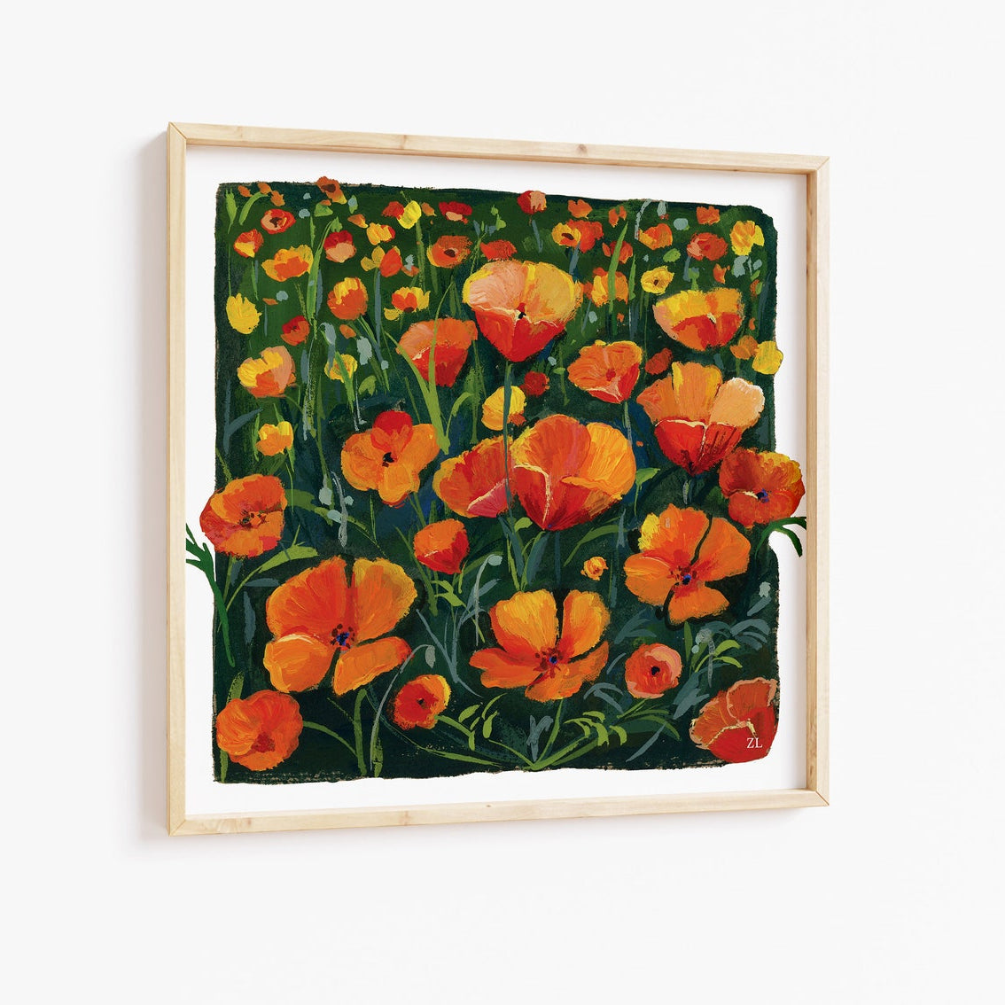 Framed artwork of orange flowers on a white background