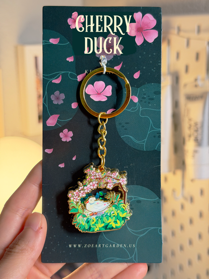 Cherry Blossom Duck Keychain | Gold Enamel Bag Charm with Glitter