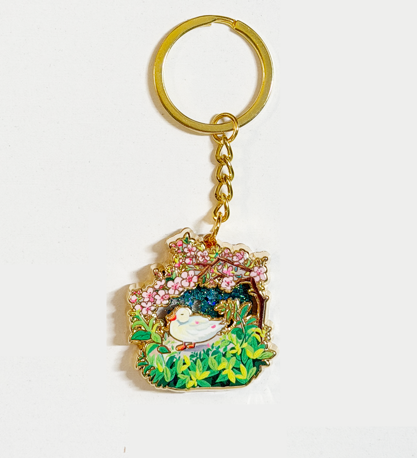 Cherry Blossom Duck Keychain | Gold Enamel Bag Charm with Glitter