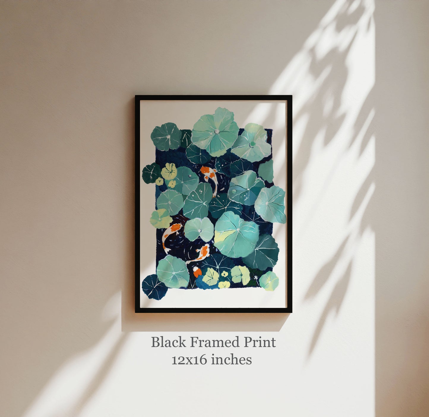 Lotus Pond and Koi Fish Art Print- Zen Wall Decor, Gouache Painting