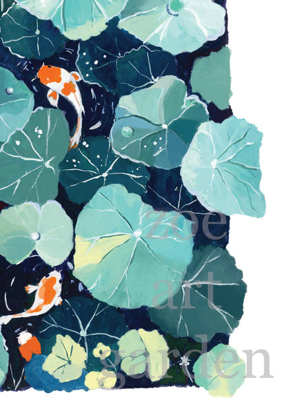 Lotus Pond and Koi Fish Art Print- Zen Wall Decor, Gouache Painting