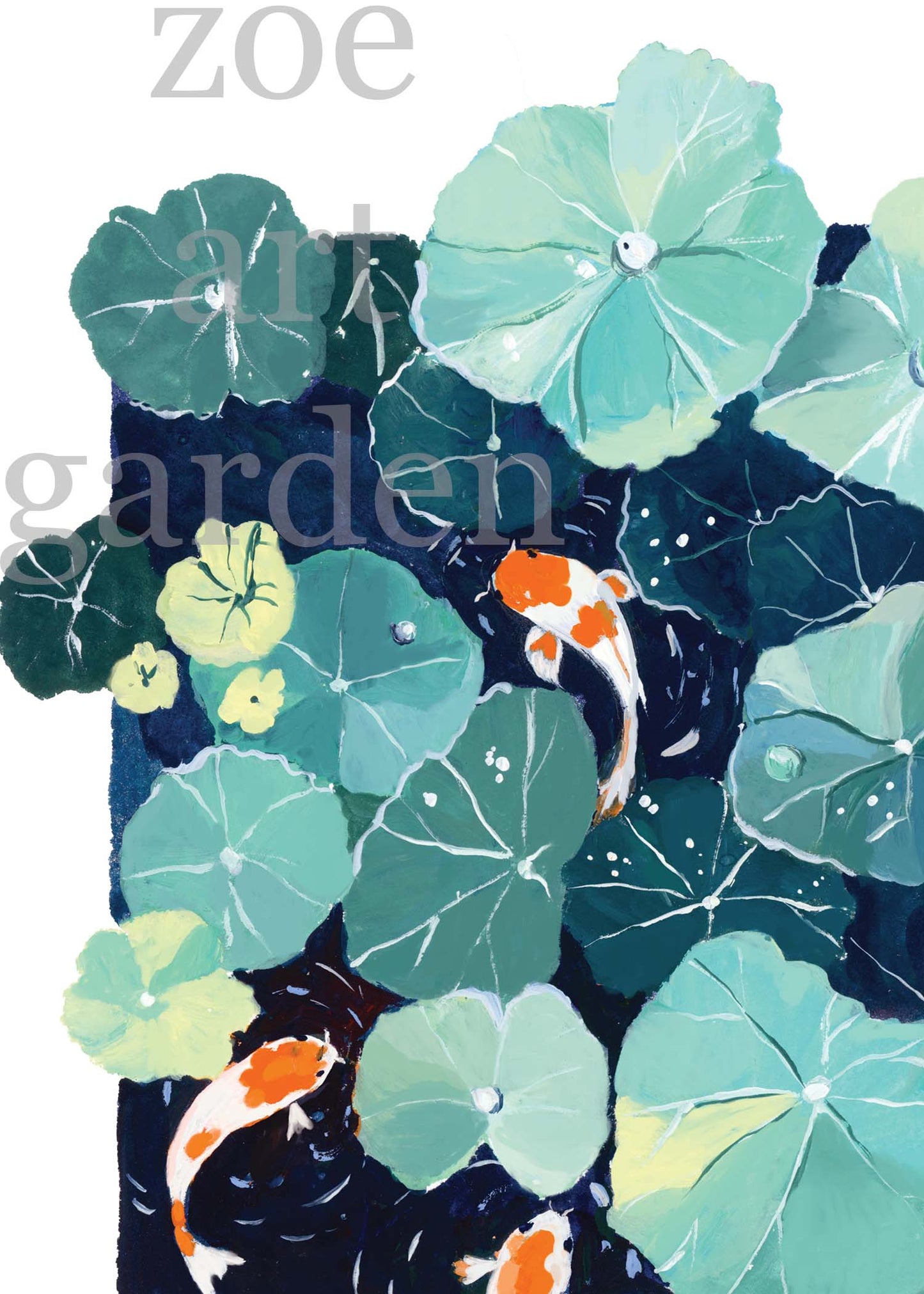 Lotus Pond and Koi Fish Art Print- Zen Wall Decor, Gouache Painting