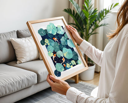 Lotus Pond and Koi Fish Art Print- Zen Wall Decor, Gouache Painting