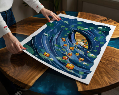 Floating Lantern River – Wishing Light Art Print